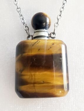 Tiger's Eye Stone Perfume Bottle Snuffer Pendant Silver Necklace Stainless Steel